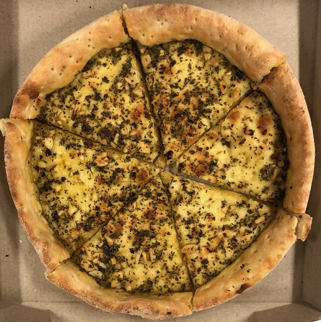 GARLIC PIZZA - NO CHEESE, garlic, garlic butter & herbs in a deep pan image 0